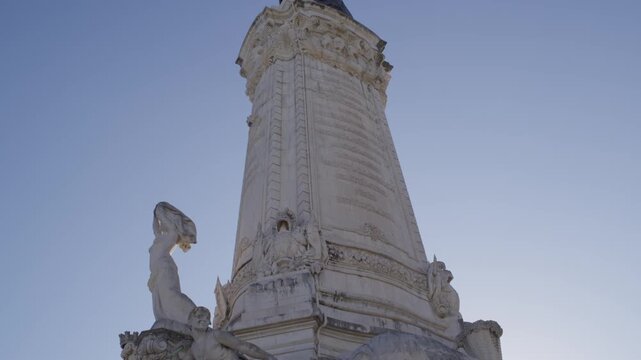 Close Up of Marques de Pombal Monument Stone Architecture in Lisbon Portugal During Summer Golden Hour Shot with Cinema Camera	