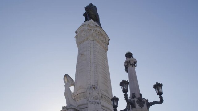 Centered View of Marques de Pombal Monument Against Blue Sky in Lisbon Portugal During Summer Shot with Cinema Camera	