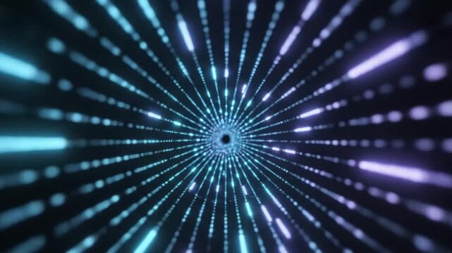 Futuristic abstract digital tunnel with glowing blue and purple light beams and particle effects for a modern science background