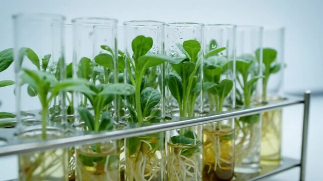 Small green plants growing in test tubes in a laboratory science environment