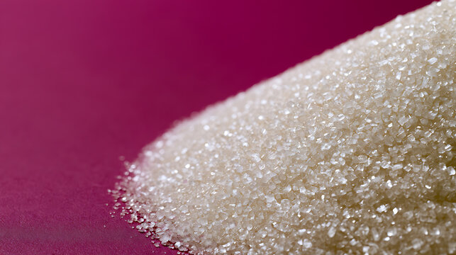 Close-up of Granulated Sugar Pile on a Vibrant Magenta Background, Sparkling Crystals Catching Light, Ingredient for Sweet Dishes