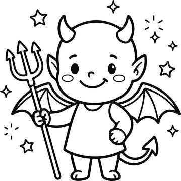 Cute little devil character with a trident for a fun halloween coloring page for kids to color