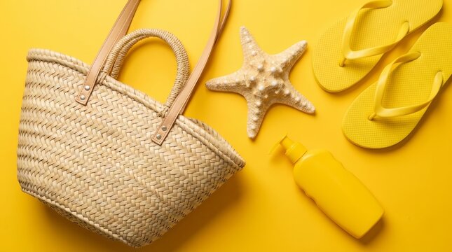 Summer essentials featuring a wicker bag, starfish, yellow flip-flops, and sunscreen on a bright yellow background.