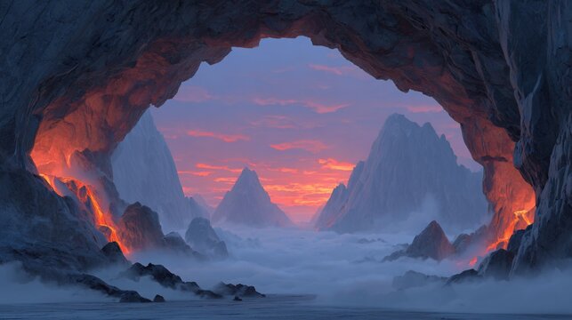 Spectacular mountain landscape at sunset seen through a cave opening with colorful sky and mist