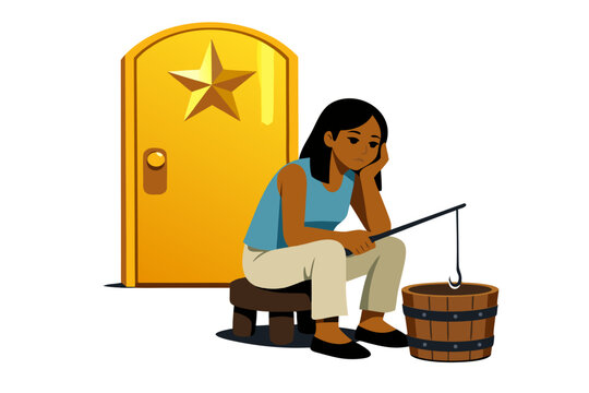 Disengaged woman ignoring glowing golden door opportunity, bored fishing into empty bucket - vector art metaphor for missed potential, apathy, procrastination and wasted chances