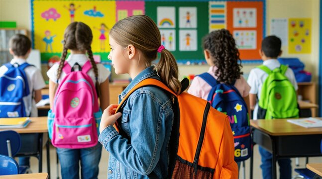 School girl with ponytail wears denim jacket, orange backpack in classroom. Young students stand in rows facing chalkboard. Children prepare for lessons at school desk. Pupils study in primary grade.