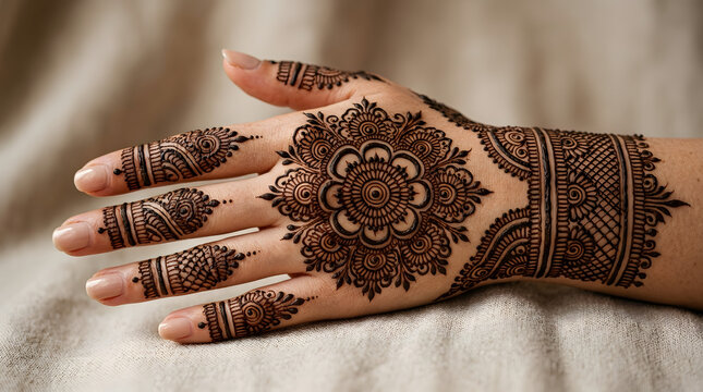 Beautiful female hand decorated with intricate henna tattoo designs on a soft textured fabric background