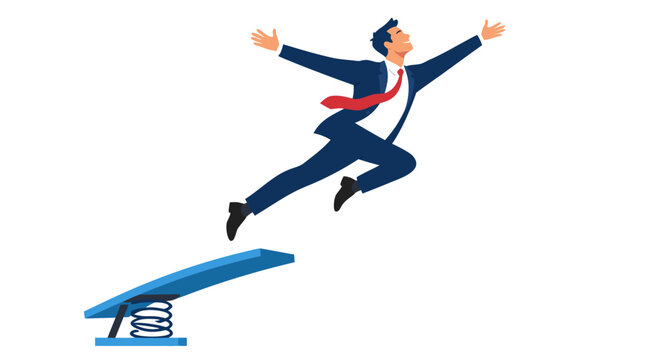 A confident businessman in a blue suit and red tie leaps high into the air from blue springboard diving board with arms outstretched, symbolizing career success, ambition, and taking a leap of faith.