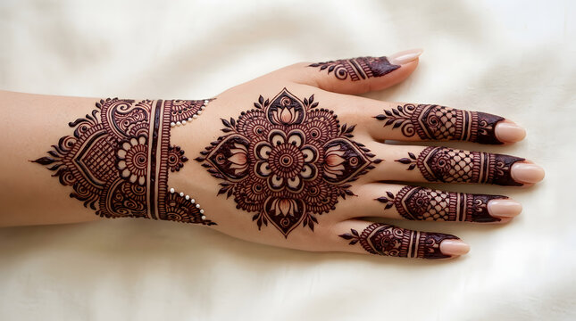 Beautiful henna tattoo design on a woman hand with intricate floral patterns for wedding or festive celebration