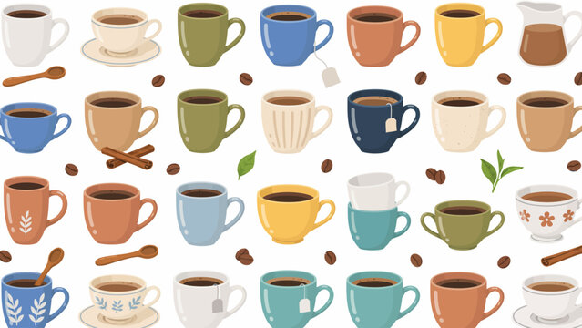 Colorful assortment of coffee mugs with various drinks isolated on transparent background