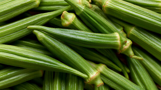Vibrant Green Pods of Fresh Okra (Abelmoschus esculentus) - A Close-up View of Healthy, Uncooked, and Wholesome Produce