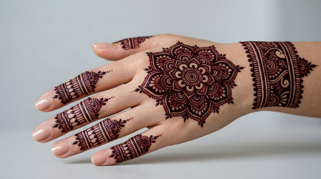 Close up of a female hand decorated with beautiful intricate henna mandala and floral patterns