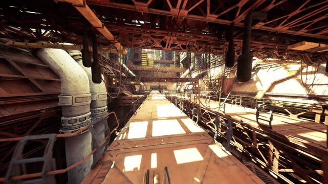 Arched conduit pathway. Round pipeline beneath surface with connectors. Flexible tubular service passage under deck featuring elbows and clamps placement