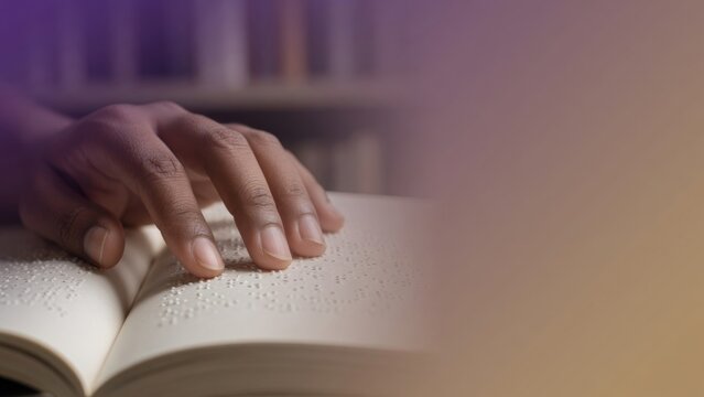 African american hand reading braille book, focusing on accessibility, learning, and education for visually impaired people