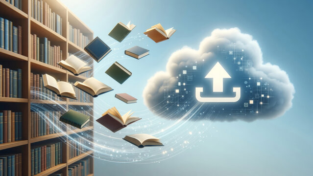 Digital library concept with books uploading into cloud storage, knowledge transfer, and computing technology