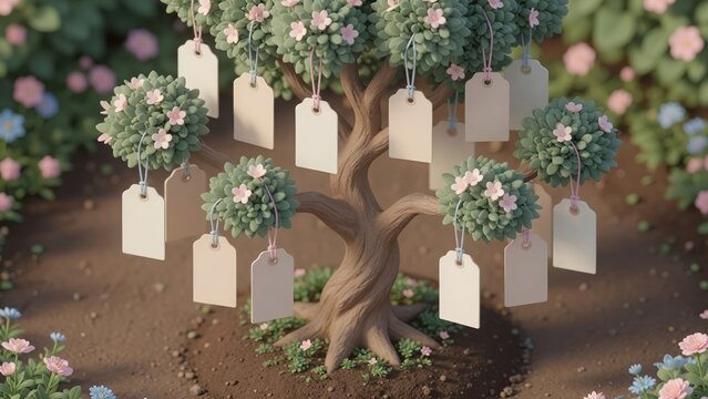 Wishing tree with hanging blank tags, symbolizing hopes, dreams, goals, future plans, and personal messages