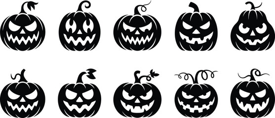 Obraz premium Halloween Jack-o-Lantern Pumpkin Carving Face Silhouette, vector illustration