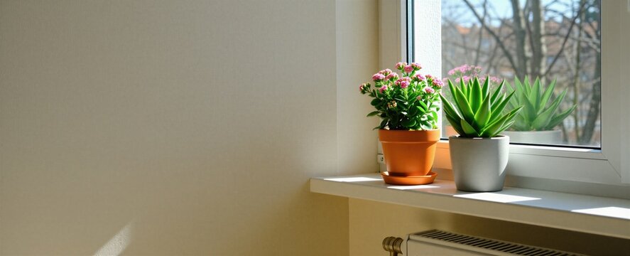 Small colorful flower pots stand on white window sill in bright sunlight. Green succulent, blooming pink plant decorate home interior near glass pane. Warm light creates soft shadows on smooth wall