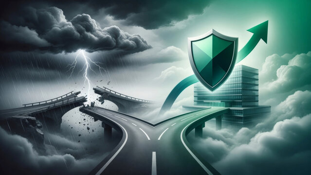 Financial protection with a secure shield on a road to growth, avoiding a broken bridge and stormy risks