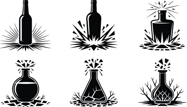 Exploding Glass Bottles and Shattering Science Flask Silhouette Icon