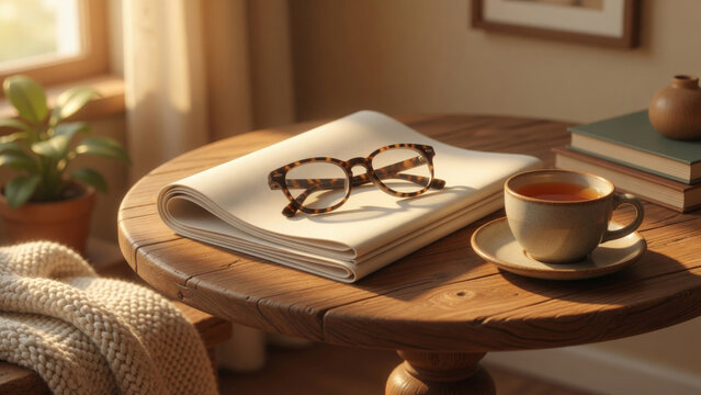 Reading glasses resting on a newspaper next to a cup of tea on a wooden table, cozy morning light illuminating the scene