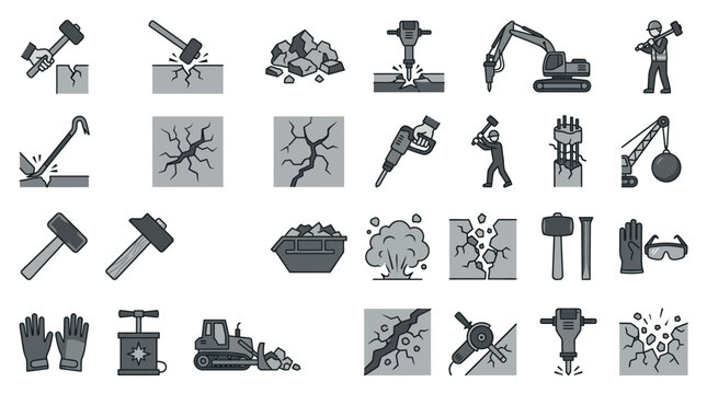 Industrial heavy machinery and demolition equipment monochrome icons.