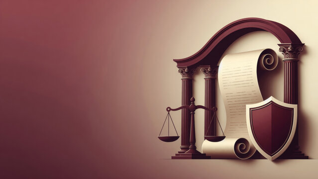 Legal framework with balance scales, ancient scroll, and protective shield representing justice and rights