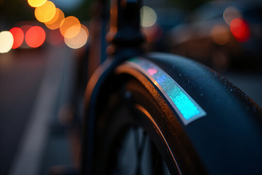 Close-up of wet bicycle tire with reflective strip glowing under city street lights during rainy evening urban transportation