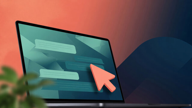 Laptop screen showing chat messages and cursor, illustrating online communication, digital connection, and instant messaging concept