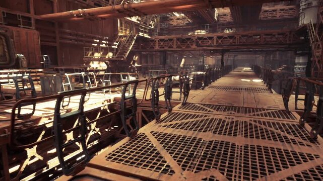 cargo deck path under warm lamps, patterned metal plates and railings guiding eye to vanishing point, industrial lanterns and service carts, intimate corridor