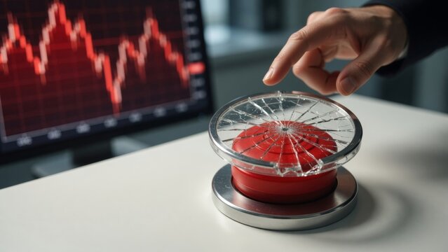 Hand pushing broken emergency button on desk with stock market chart showing decline, global financial crisis