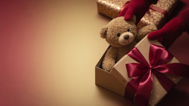 Gifting a teddy bear, hands opening a present box with a red ribbon for a holiday surprise and celebration