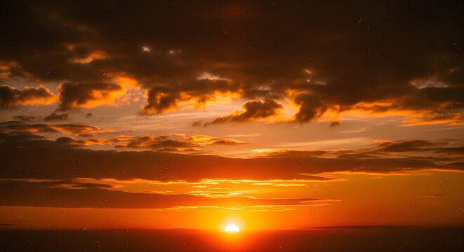 A breathtaking view of a vibrant golden sunset with dramatic clouds filling the sky during the late evening hours of the day