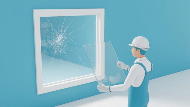 Worker in safety helmet and gloves installing new clear glass pane in window frame, repairing a broken window