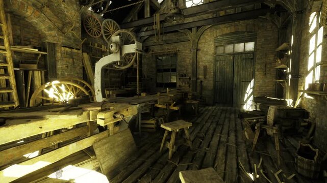 sunlit inventor atelier with brass components and model prototypes mezzanine and railings overlook crowded benches, warm highlights on cogs and pipes, creative
