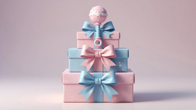 Stack of baby shower gift boxes with pink and blue ribbons and a rattle on top for gender reveal celebration
