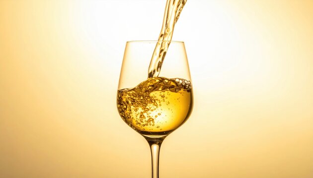 Clear white wine streams into a glass creating bubbles against a bright golden backlit backdrop highlighting the liquid motion