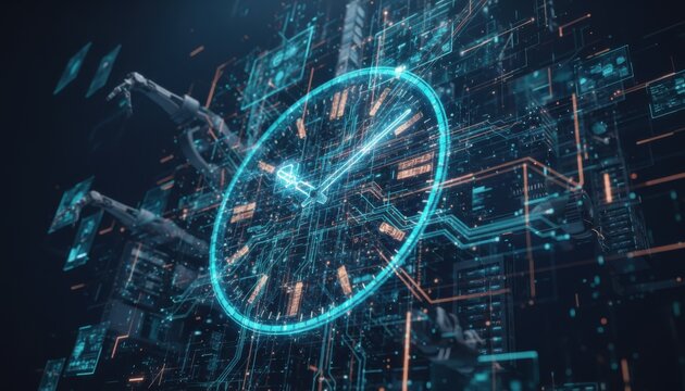 Digital clock surrounded by glowing circuit patterns and robotic arms appears in a futuristic technological environment representing time and precision