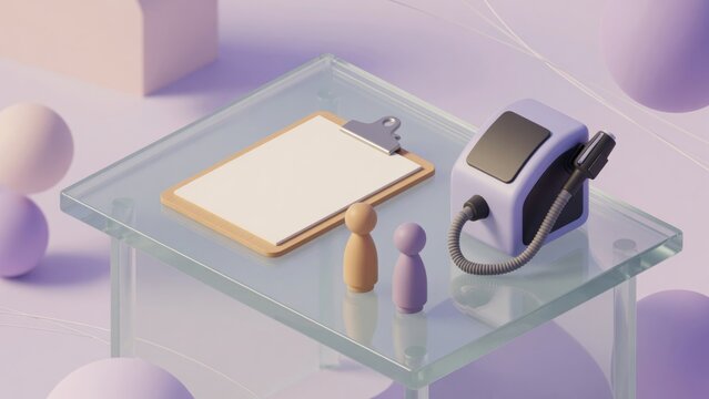 Medical consultation concept showing client forms, clinic equipment, and abstract geometric elements