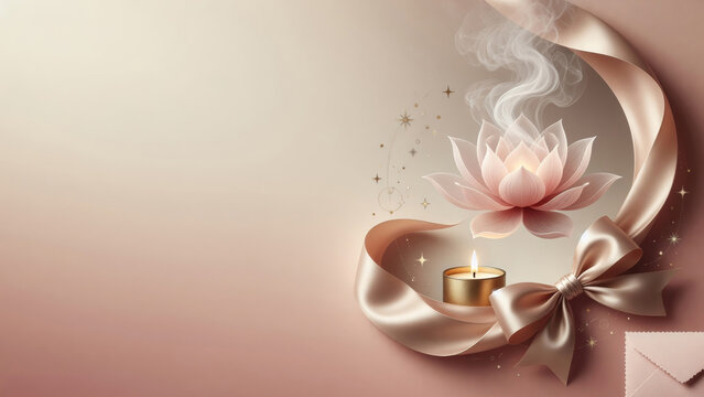 Pink lotus flower with graceful smoke, glowing candle, and satin ribbon bow on a soft gradient background