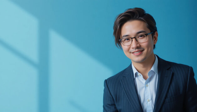 Smiling young asian businessman in professional suit wearing stylish glasses posing against a vibrant blue wall