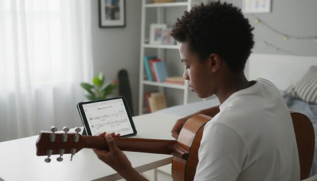 Young teenager learning acoustic guitar chords by following an educational music tutorial on a tablet screen at home