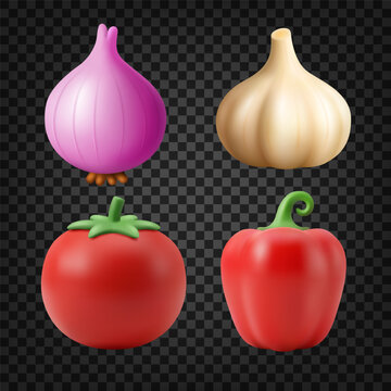 3D Vegetables Set, Common Vegetable Ingredients, Onion Garlic Tomato Bell Pepper, Vector Illustration