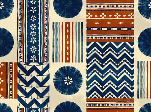 Seamless textile pattern with boho style ink stripes floral motifs, geometric chevron shapes. Ethnic collage design features blue, orange watercolor circles on light background. Abstract tribal