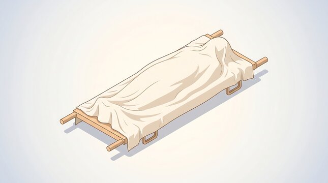Isometric illustration of deceased person on wooden stretcher covered with white sheet