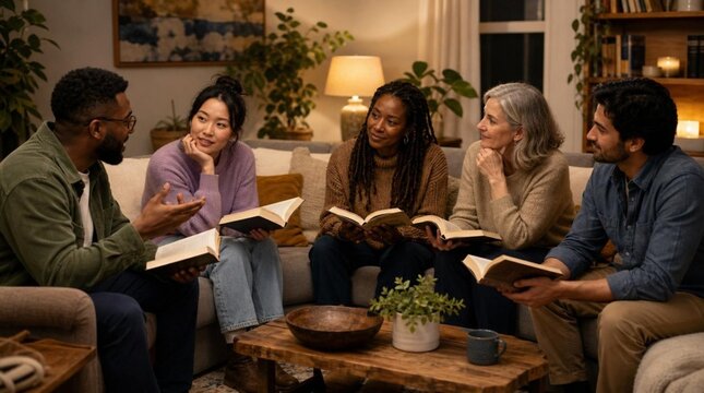Five diverse adults sit in a cozy living room holding open books and discussing together, ideal for promoting book clubs, community learning, or inclusive education.