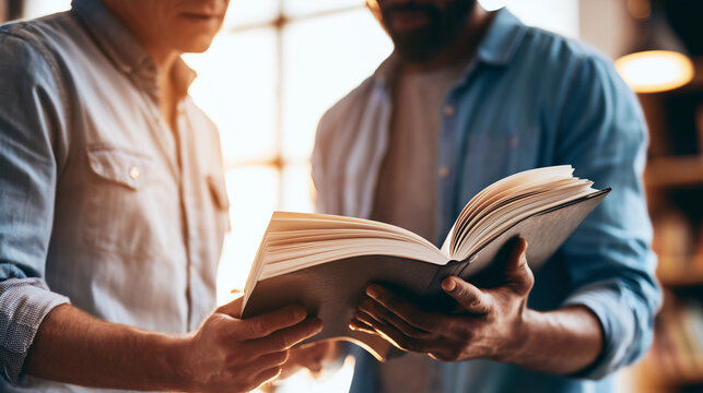 Two colleagues reviewing an employee handbook together, waist-up shot, warm natural light, cozy office corner blurred, candid photography