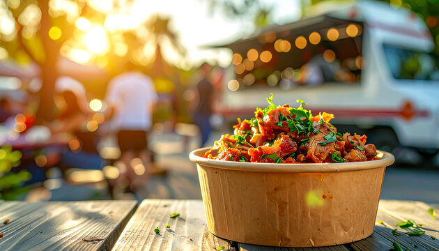 Pulled Pork in Pappschale auf einem Street Food Festival vor Foodtruck