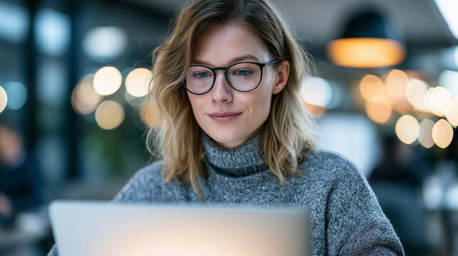 An HR manager explaining a new performance management system on a laptop, medium shot, modern office bokeh background, realistic photo