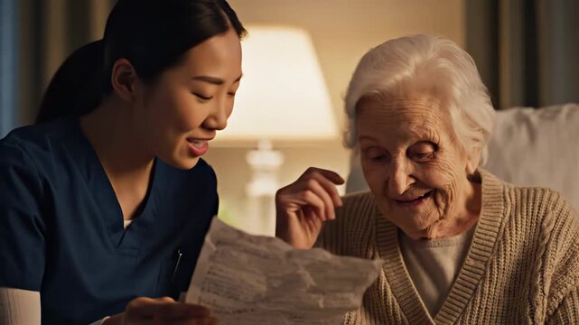 asian nurse reading medical document with senior caucasian woman. elderly patient and caregiver discussing prescription in nursing home. healthcare, homecare, support, retirement.